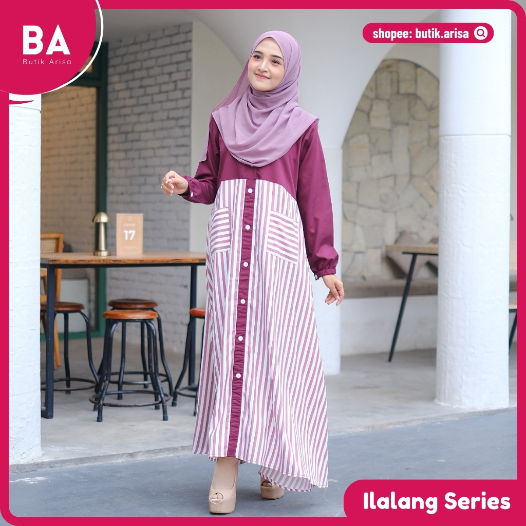 Ilalang Dress Gamis Stripe Salur Terbaru Remaja Wanita Dewasa Polos Kombinasi Kekinian Baju Lebaran 