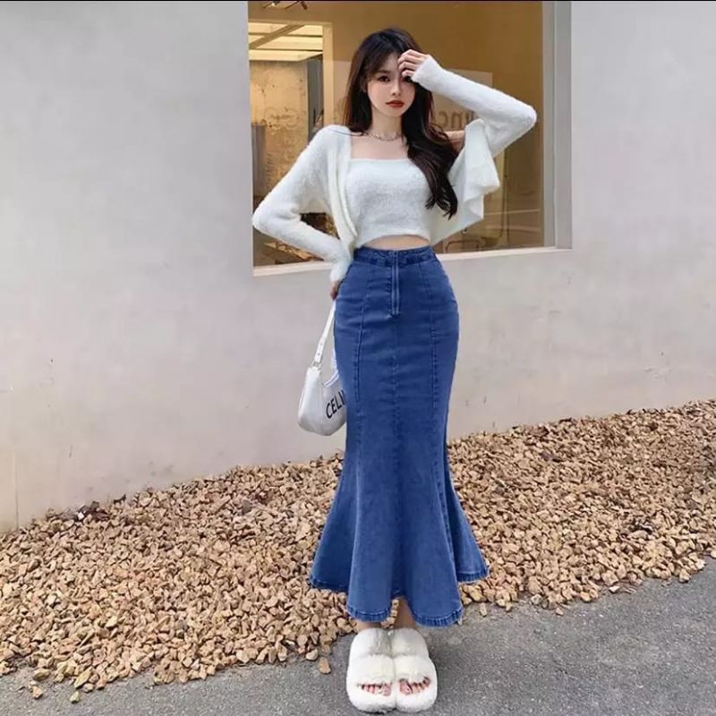 Rok jeans wanita Model korea style/Rok Wanita model Duyung Kekinian/Rok panjang Sexi Model Terbaru