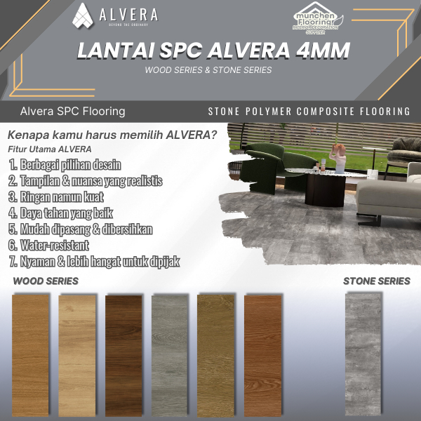 Lantai SPC Flooring ALVERA 4mm Sistem Klik Wood & Stone Series(1 box isi 12 pcs >>> 2,64m2 & 1 box i