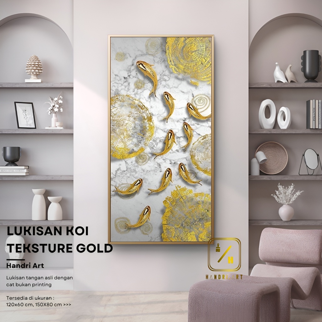 Lukisan Ikan Koi Gold Mewah Modern .