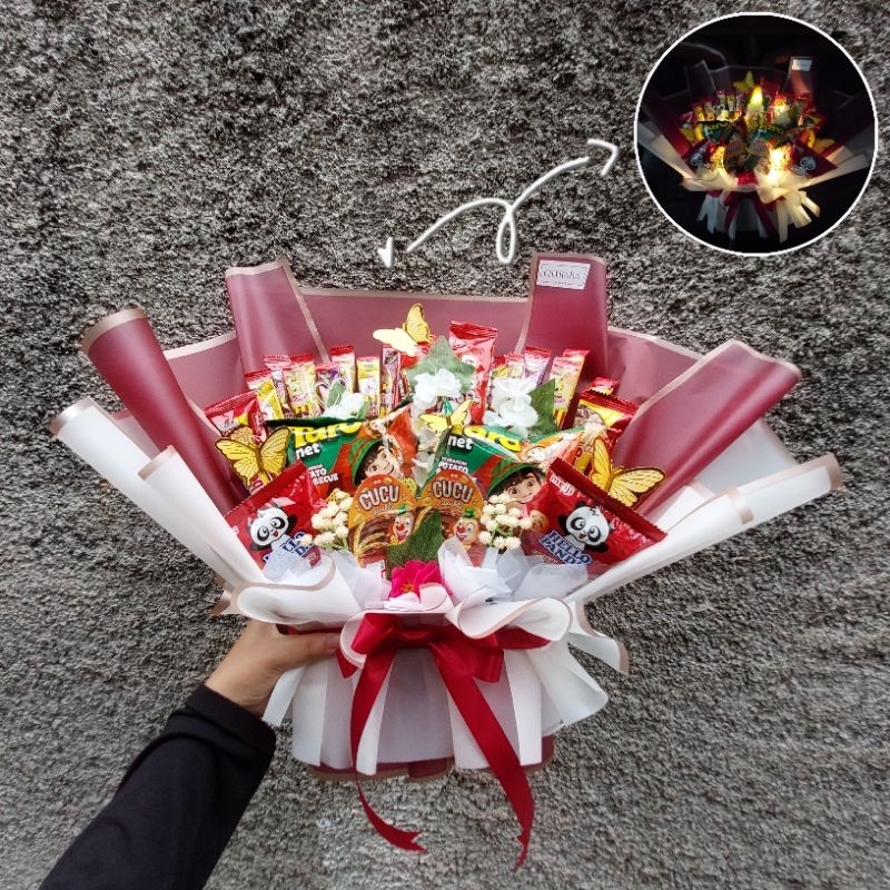 

Charara (XXL) Bouquet Snack LED Lampu Tumblr Murah Free Packing dan Greeting Card Kartu Ucapan || hadiah gift bucket baket buket wisuda birthday graduation