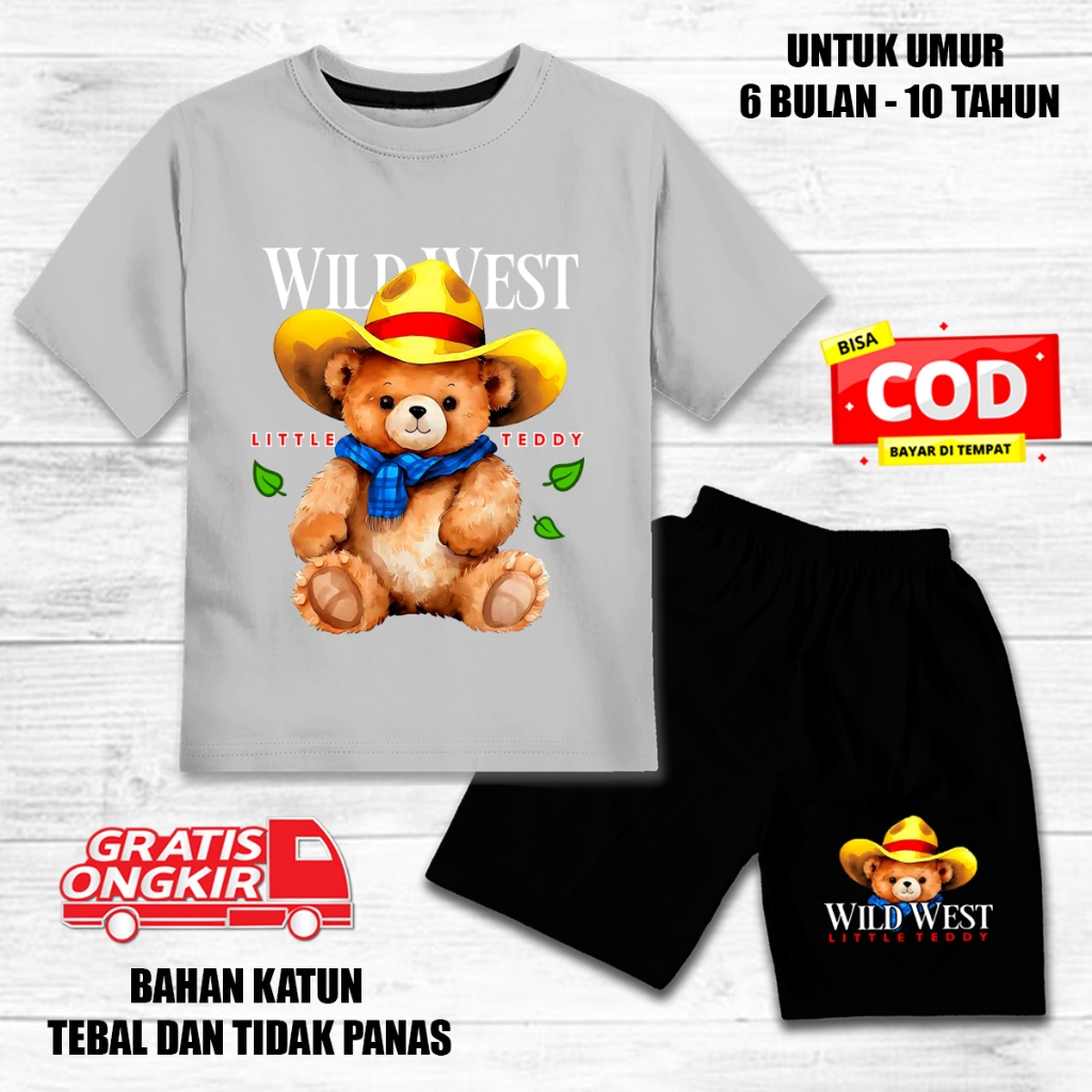 Setelan anak laki laki perempuan lengan pendek set baju kaos anak katun celana hitam teddy bear 1