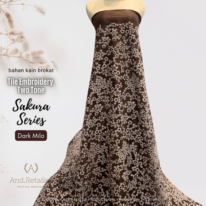Bahan Kain Brokat mewah Tile Embroidery Sakura 2tone Warna Coklat tua Coklat tanah Motif Bunga Kecil