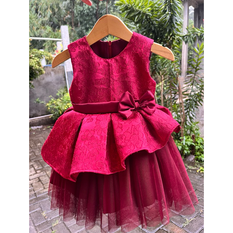Dress bayi merah maroon natal dan gold / gaun ulang tahun gold