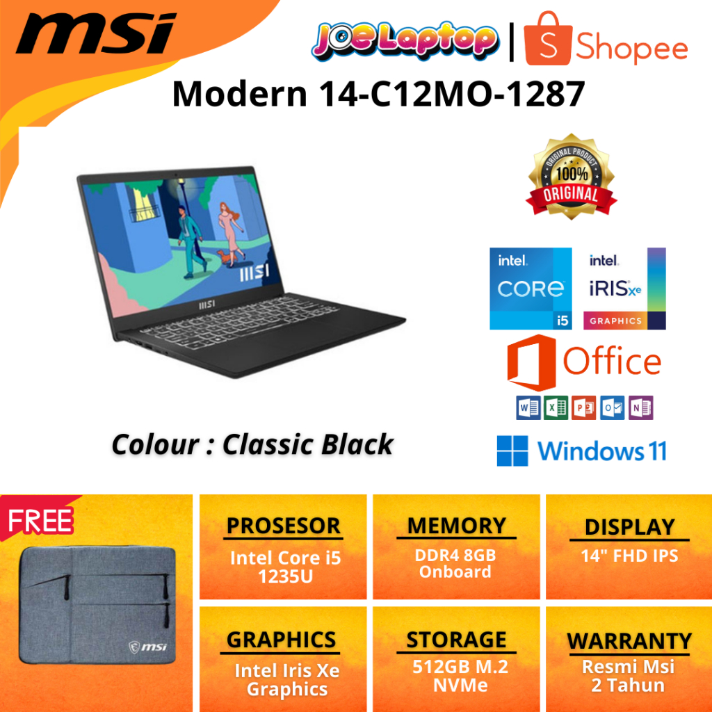 MSI Modern 14-C12MO-1287 Classic Black i5 1235U Win11 OHS
