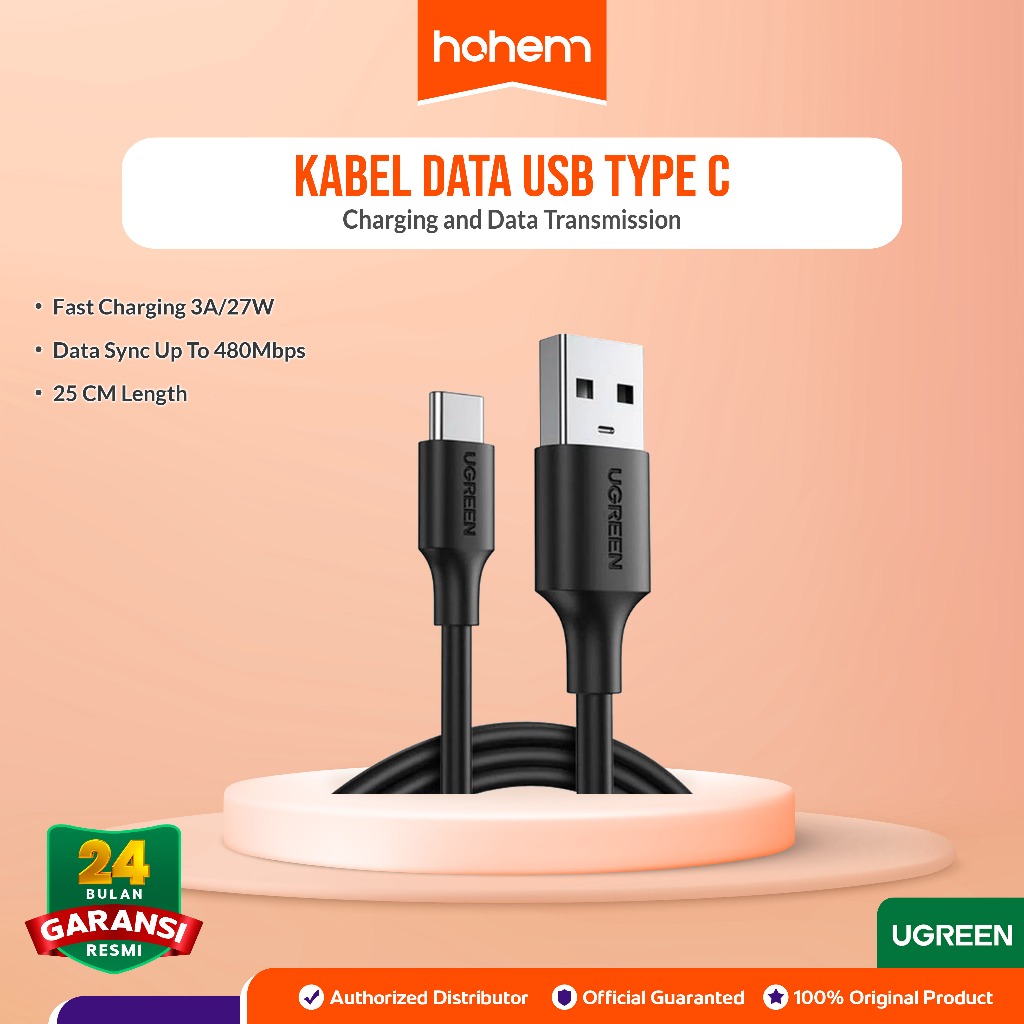 UGREEN Kabel Data USB TYPE C 3A 25CM 60114 for XiaoMi Samsung Oppo Vivo Ori Realme Fast Charging Cab