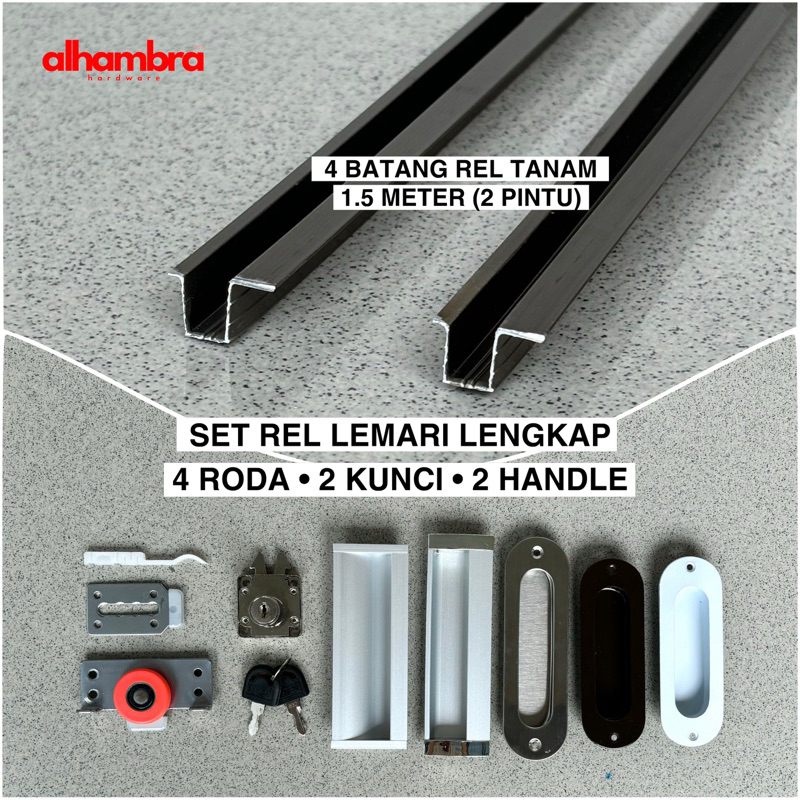 Set Rel Lemari Sliding Model Tanam 75 2 Pintu , Rel Lemari Geser Lengkap Dengan Roda Kunci Handle