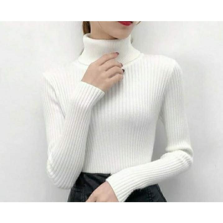 KAOS TURTLENECK LENGAN PANJANG WANITA / KAOS CEWEK BAHAN RAJUT/RIB / KAOS PUTIH PREMIUM LEHER TINGGI