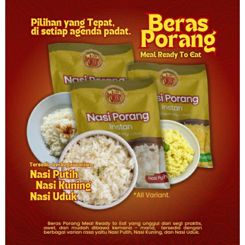 

Beras Porang MRE (Meal Ready to Eat) Nasi putih, Nasi Kuning, dan Nasi uduk