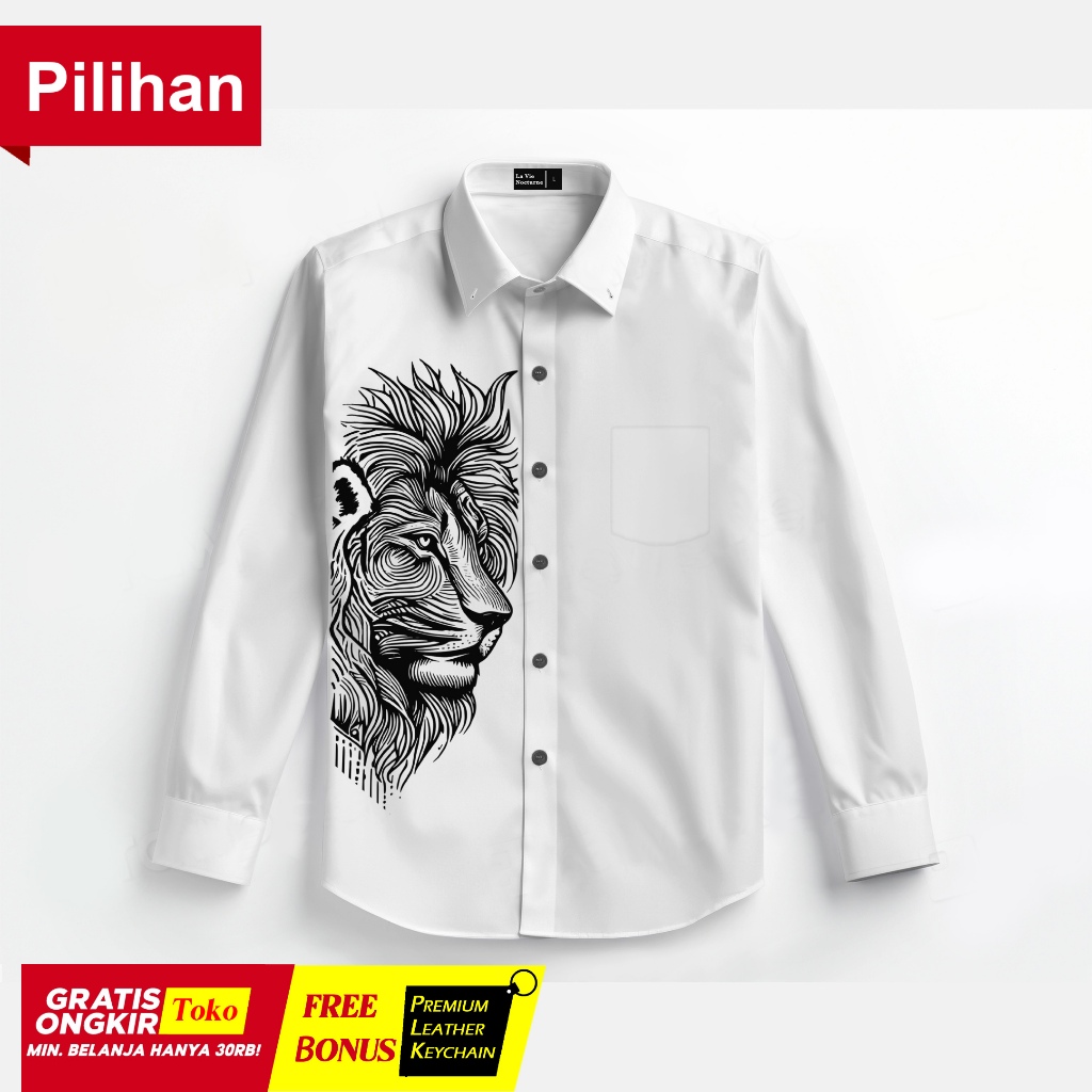 LVN - Kemeja Motif Singa Lion Siluet Kemeja Lengan Panjang Kemeja Wanita dan pria Kemeja Unisex Keme