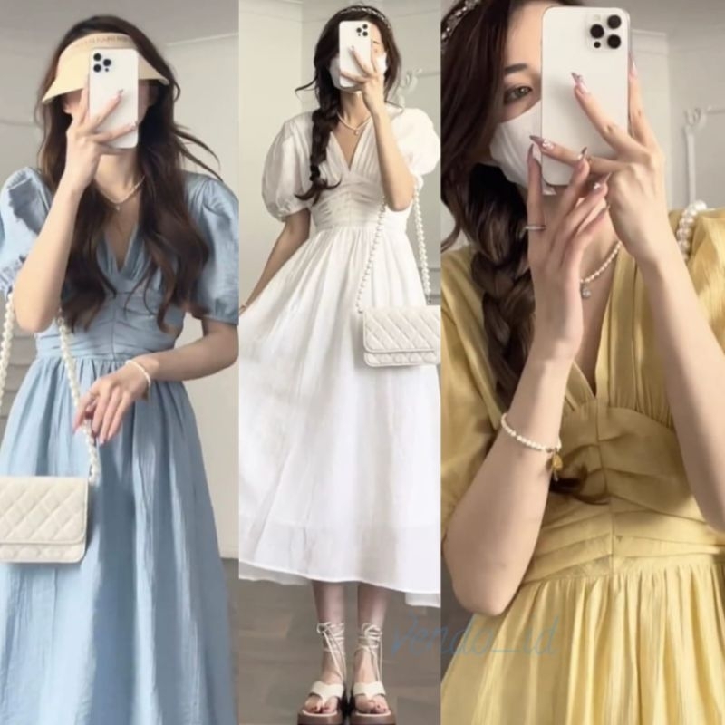 puff sleeve midi polos flare skirt premium europe paris dress gaun pesta wedding party event club pr