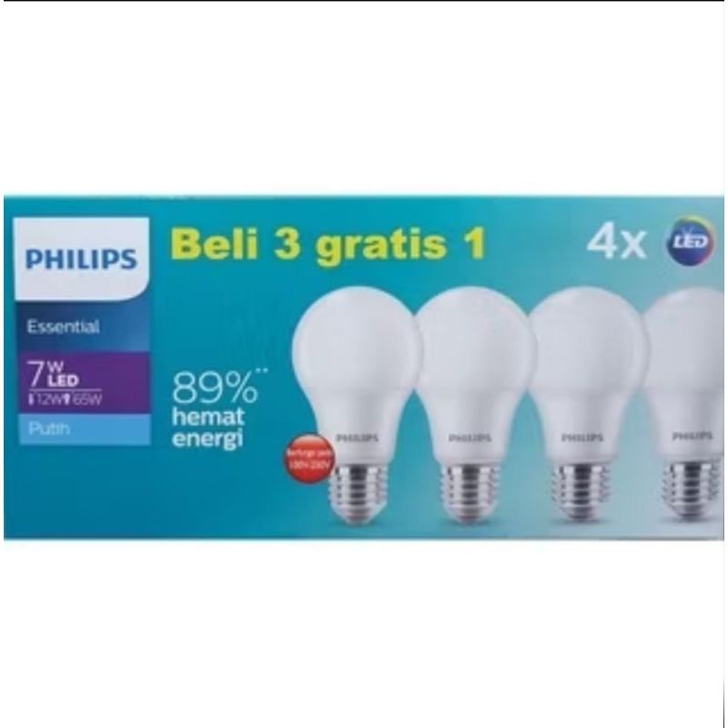 Lampu/Bohlam LED Philips Essential 7 Watt Original , Paket 3 Gratis1, Philips Essential Multipack