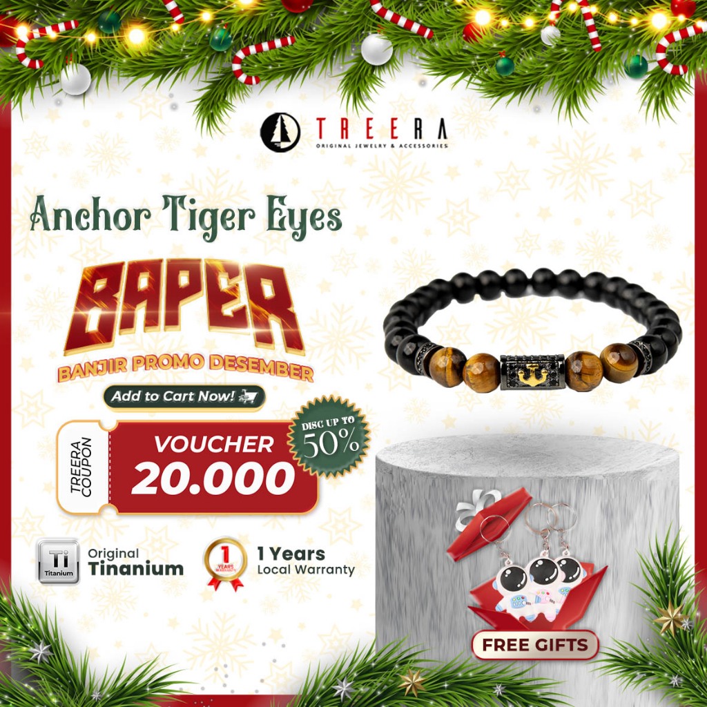 Treera Anchor Tiger Eyes Stone Gelang Batu Alam Asli Pria Premium