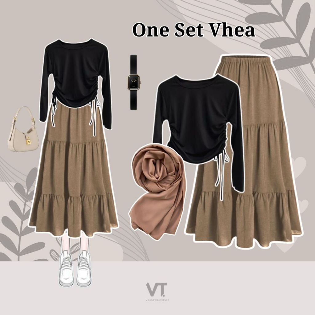 One Set Vhea (Hijab, Blouse, Rok) Setelan Baju Wanita Hijab Korea Style Terlaris, Inspirasi outfit K