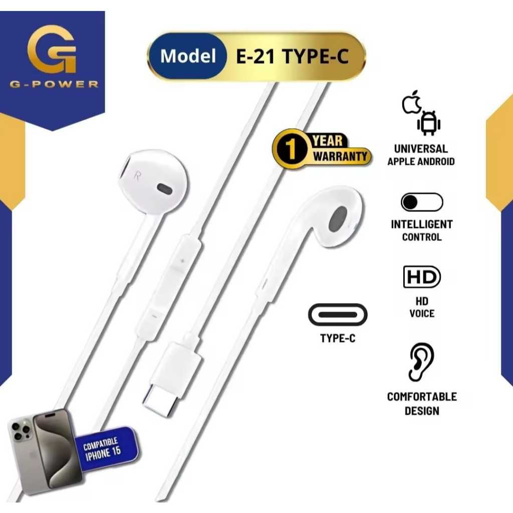 G-Power Headset / Earphone / Handfree E21 TYPE-C dengan  MIC untuk iphone 15