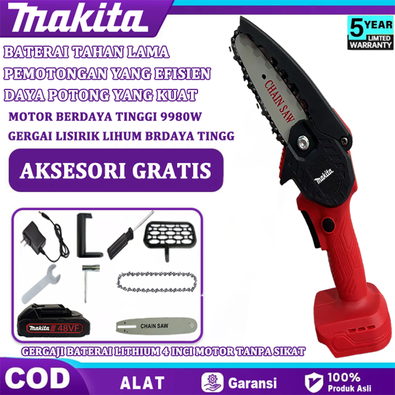 MAKITA Mesin Chainsaw 4 Inch Cordless Chainsaw 48V Gergaji Baterai Gergaji Rantai Elektrik Mini 2 ba