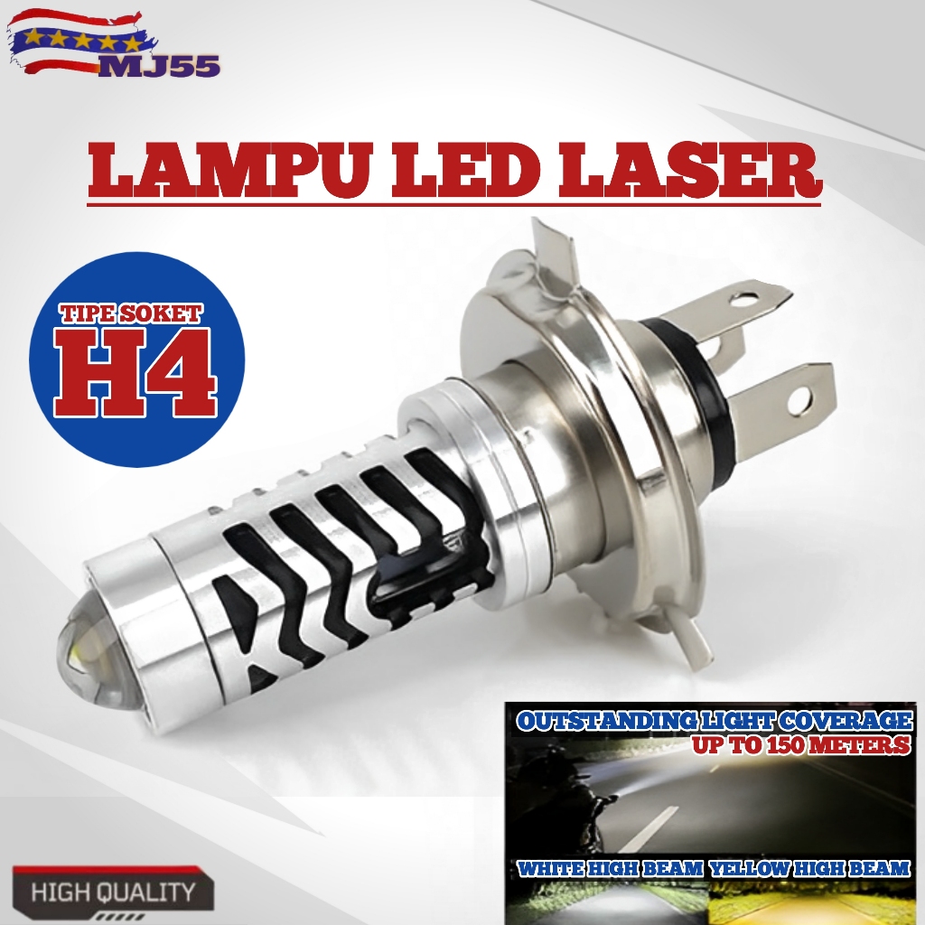 LAMPU LED DEPAN MOTOR LASER LED H4 HI LOW DC WHITE YELLOW - H4 LASER KAKI 3 MJ55