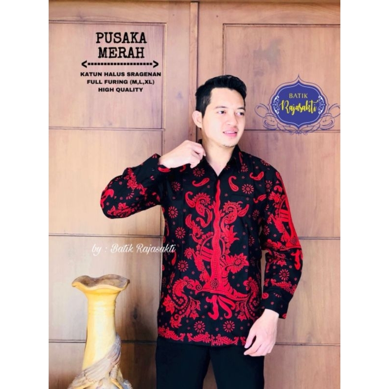 Kemeja Batik Pria Lengan Panjang Motif Keris Merah Original Rajasakti Batik