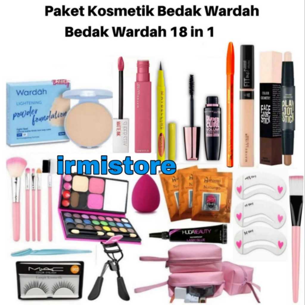 Paket Kosmetik 18 In 1 Bedak Wardah Lightening Two Cake Natural Beige Refil Super Lengkap Komplit - 