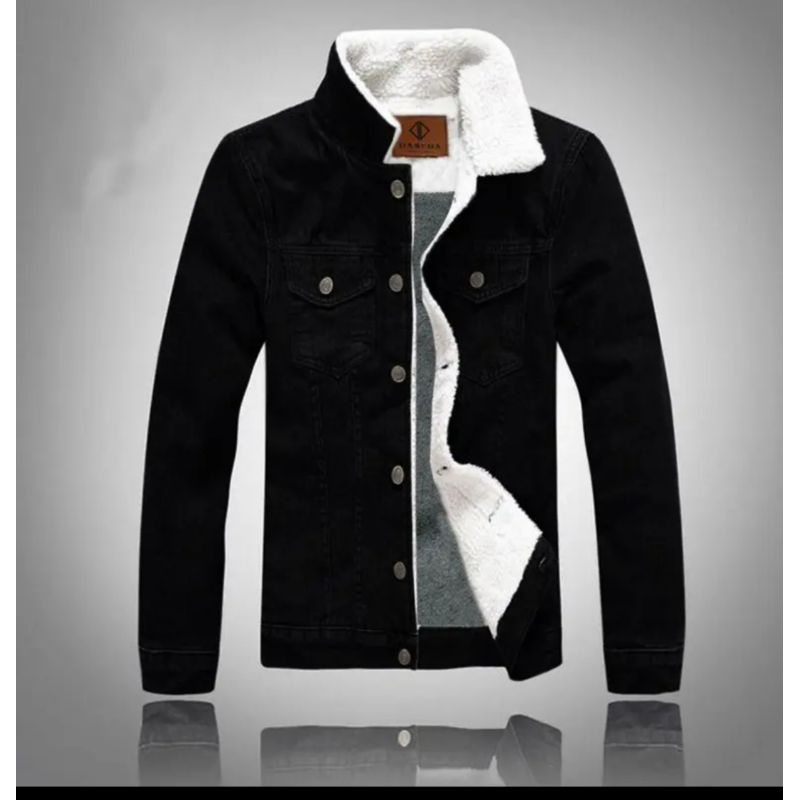 JAKET JEANS DENIM SHERPA HITAM PEKAT PRIA WANITA BUKU LEMBUT tebal nyaman casual blazer formal