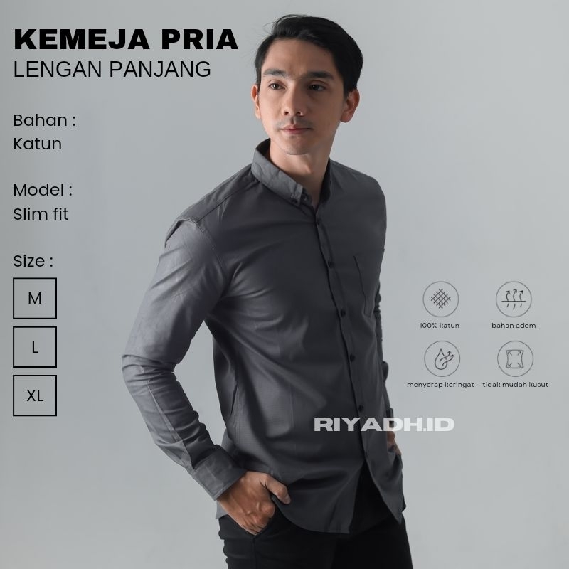 Kemeja Abu abu Pria Lengan Panjang Premium Bahan Katun/Kemeja Abu abu Polos Panjang/kemeja abu abu f