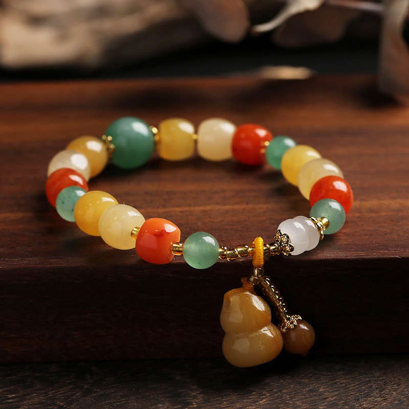 Gelang Giok Sutra Emas untuk Wanita Manik-manik Barel Warna-warni Gelang Liontin Labu Aksesori Fesye