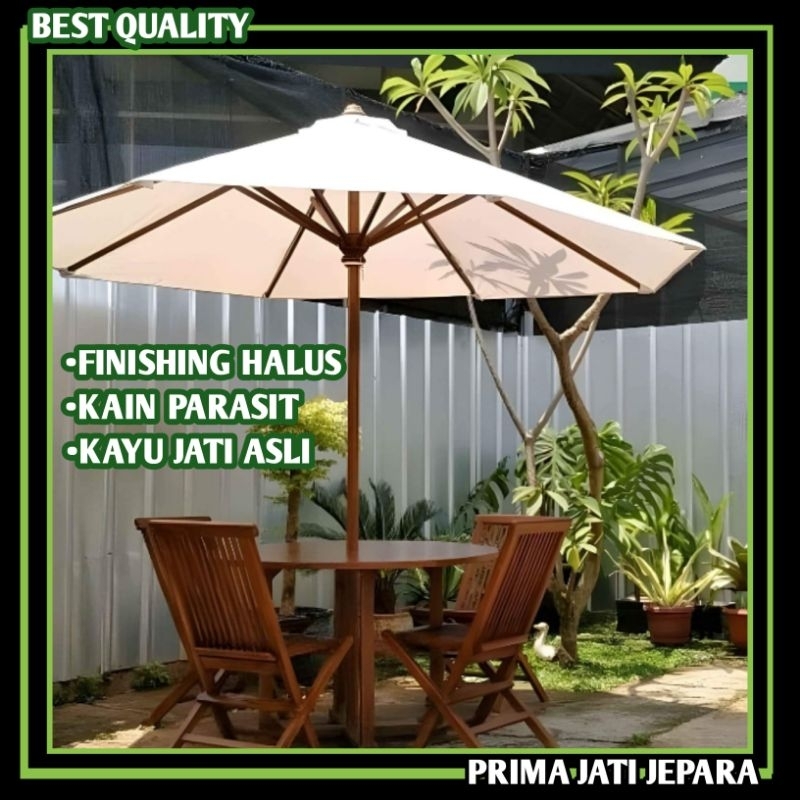 Meja payung Cafe Taman Outdoor Bahan Kayu Jati 4 Kursi Lipat Asli jepara