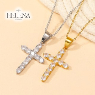 HELENA - Kalung Liontin Salib Permata / Kalung Pria Wanita Titanium Anti Karat
