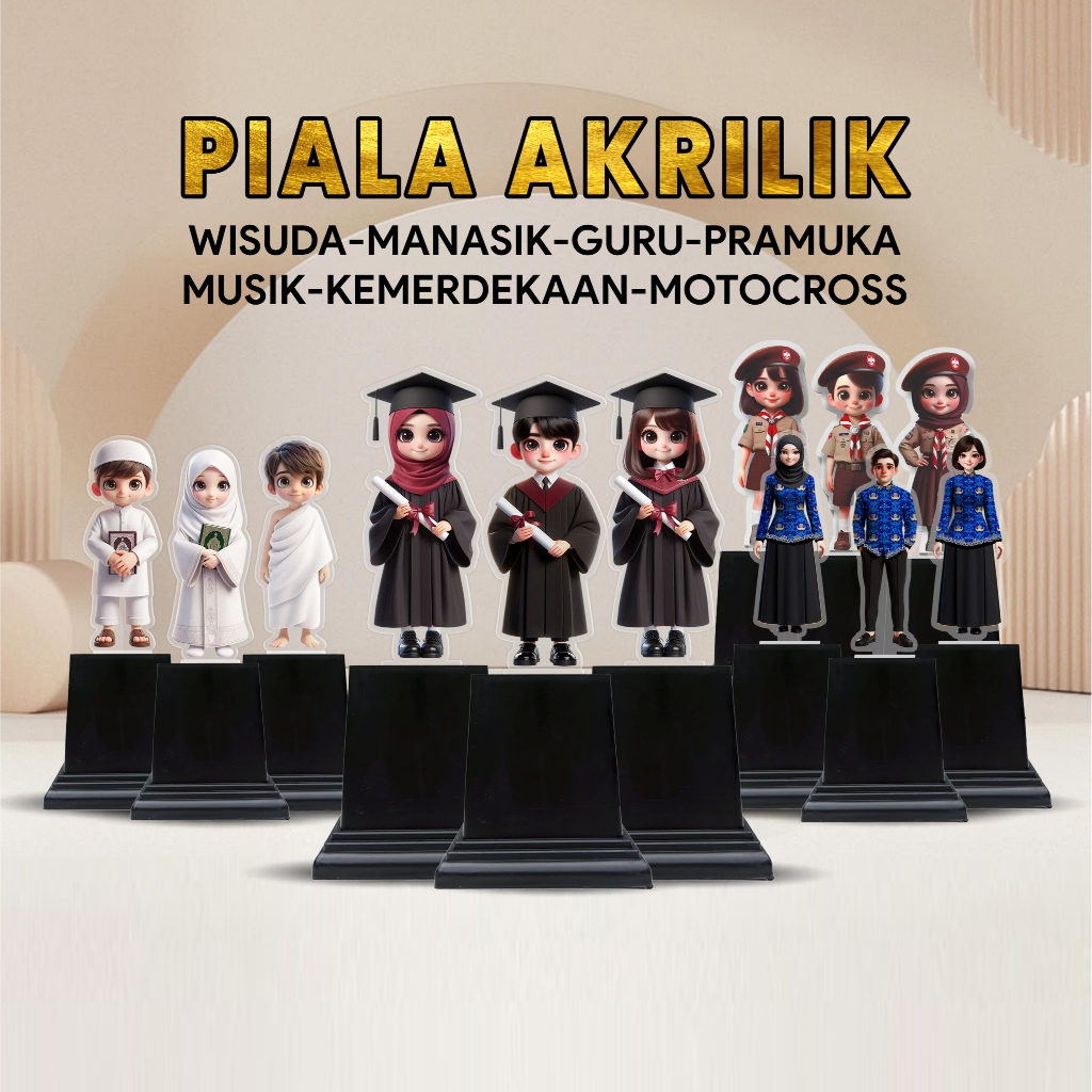 Trophy Piala Akrilik Wisuda Manasik Haji Pesantren Kilat Pramuka Guru Sekolah Musik Kemerdekaan