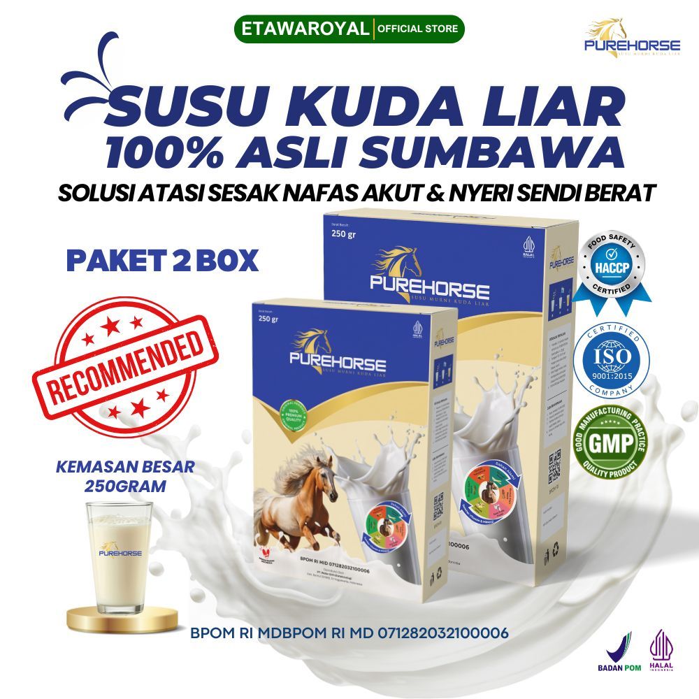 

Susu Kuda Pure Horse 100% Original dari Sumbawa Untuk Keluhan Sesak Nafas Akut dan Nyeri Sendi Berat Kemasan 250gram Paket 2 Box