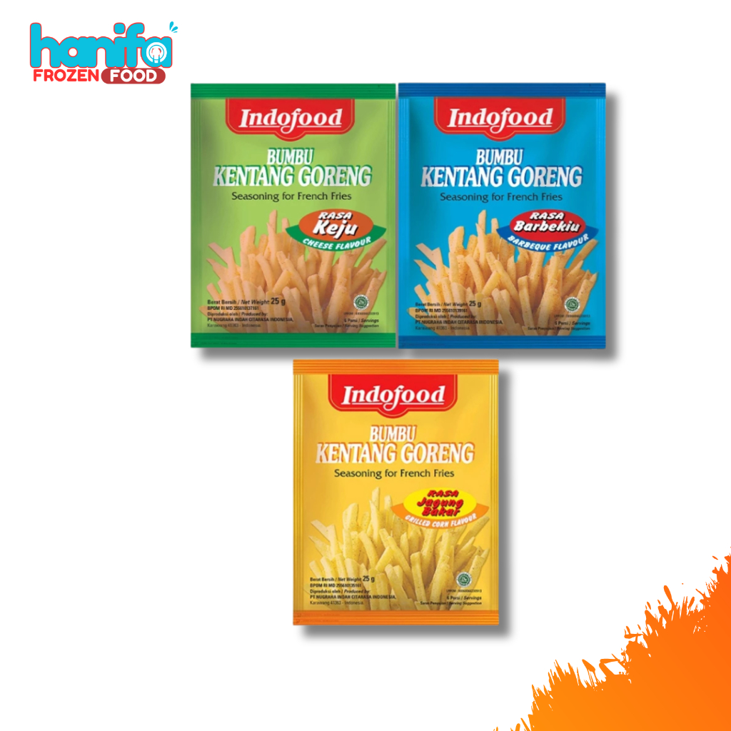 

INDOFOOD Bumbu Kentang Goreng Aneka Rasa Jagung Bakar Barbekiu Keju kemasan pouch 25 Gr