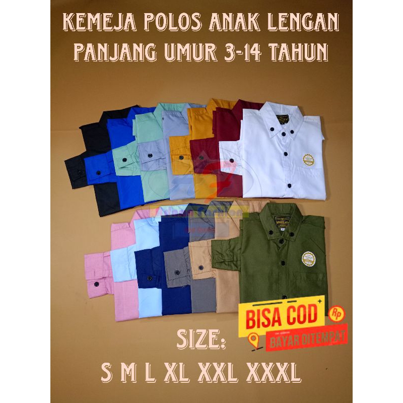 KEMEJA ANAK LAKI LAKI POLOS LENGAN PANJANG HEM ANAK LENGAN PANJANG UMUR 3-14 TAHUN PREMIUM