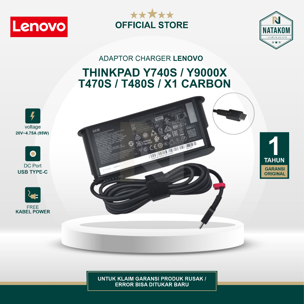 ADAPTOR CHARGER LENOVO THINKPAD Y740S Y9000X T470S T480S X1 CARBON 4.75A 95W USB TYPE C FREE KABEL P