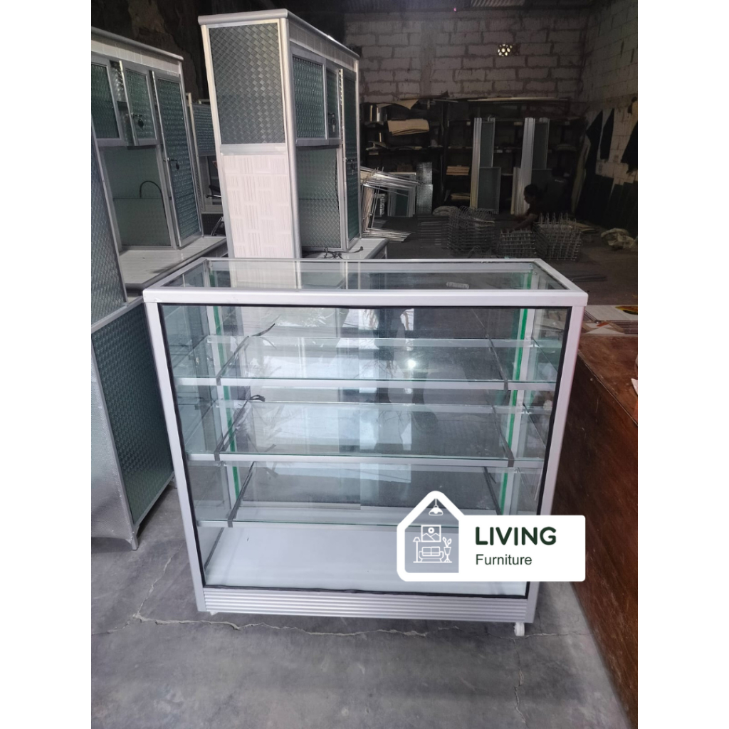 Etalase Kaca Alumunium Minimalis (Ukuran 1M , 1,2M , 1,5M , 2M) / etalase kaca pakai roda / etalase 