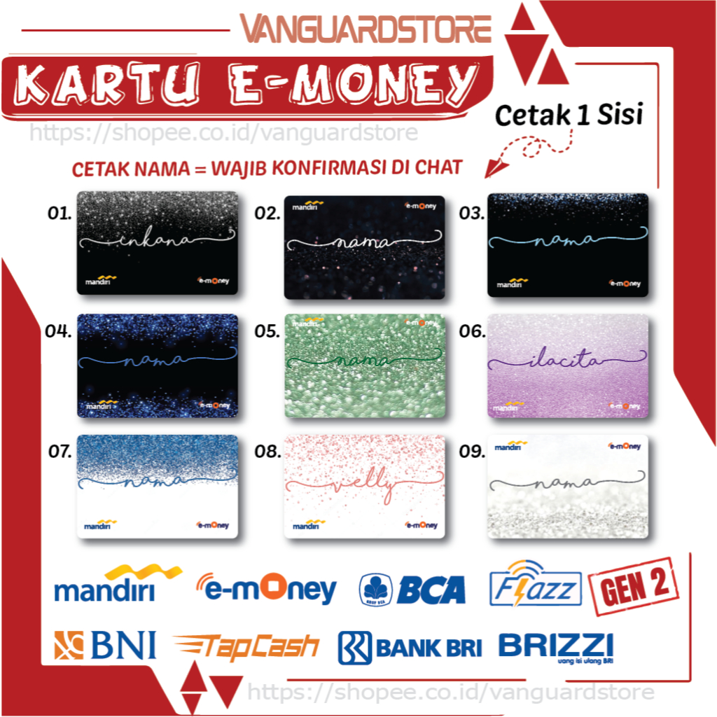 KARTU E MONEY E TOLL CUSTOM NAMA GLITER KUMPULAN 4 EMONEY MANDIRI BCA BNI BRI 1 SISI