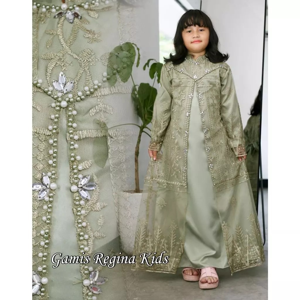 Gamis Anak Perempuan Regina Set BO Bahan Kain Satin Velvet Mix Brukat Aplikasi Payet Size M L XL XXL