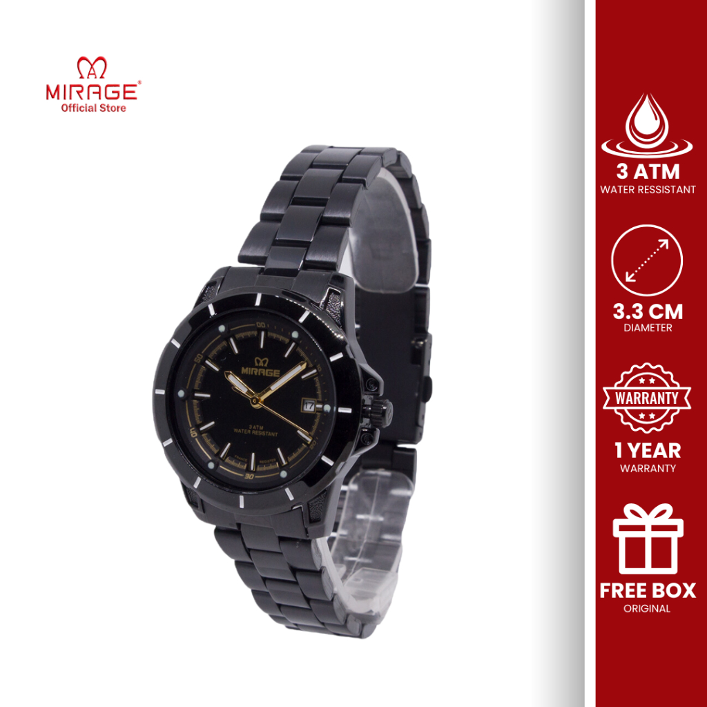 Mirage Jam Tangan Wanita Analog Sporty Formal Original Anti Luntur 8713 L Hitam Rosegold Bergaransi
