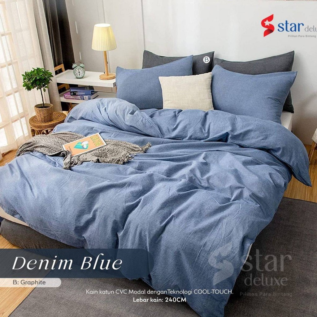 Ready Stok Sprei Star Polos Blue Denim 180x200 Katun Lokal Katun CVC tanpa bedcover