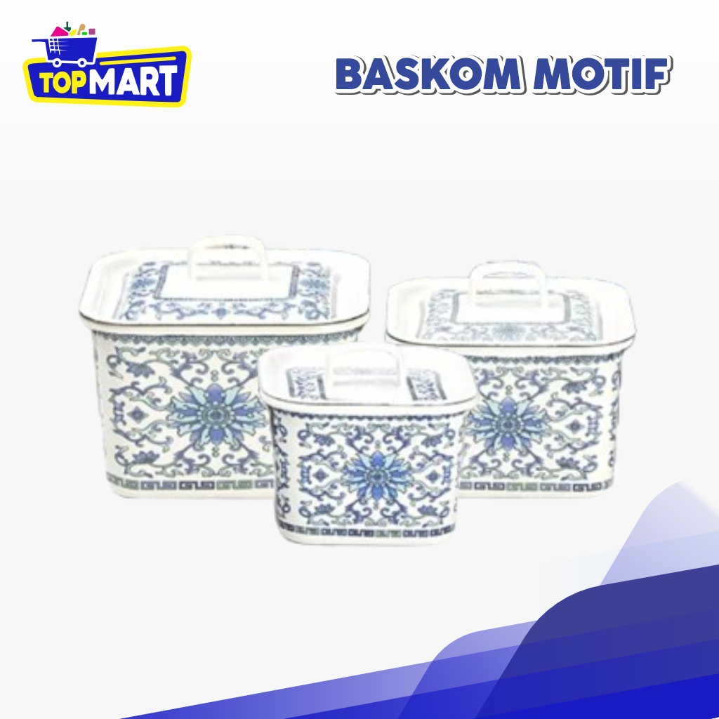 TOPMART - Baskom Motif dengan Tutup 3 pcs / Baskom Persegi / Baskom Enamel Tebal / Baskom Motif