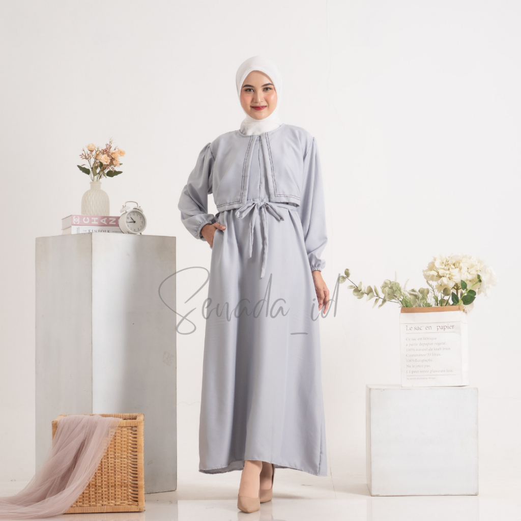 (BISA COD) BECCA DRESS 2 IN 1 SET ROMPI BENANG TIMBUL ADA TALI  BAHAN SHAKILA PREMIUM BUSUI FRIENDLY