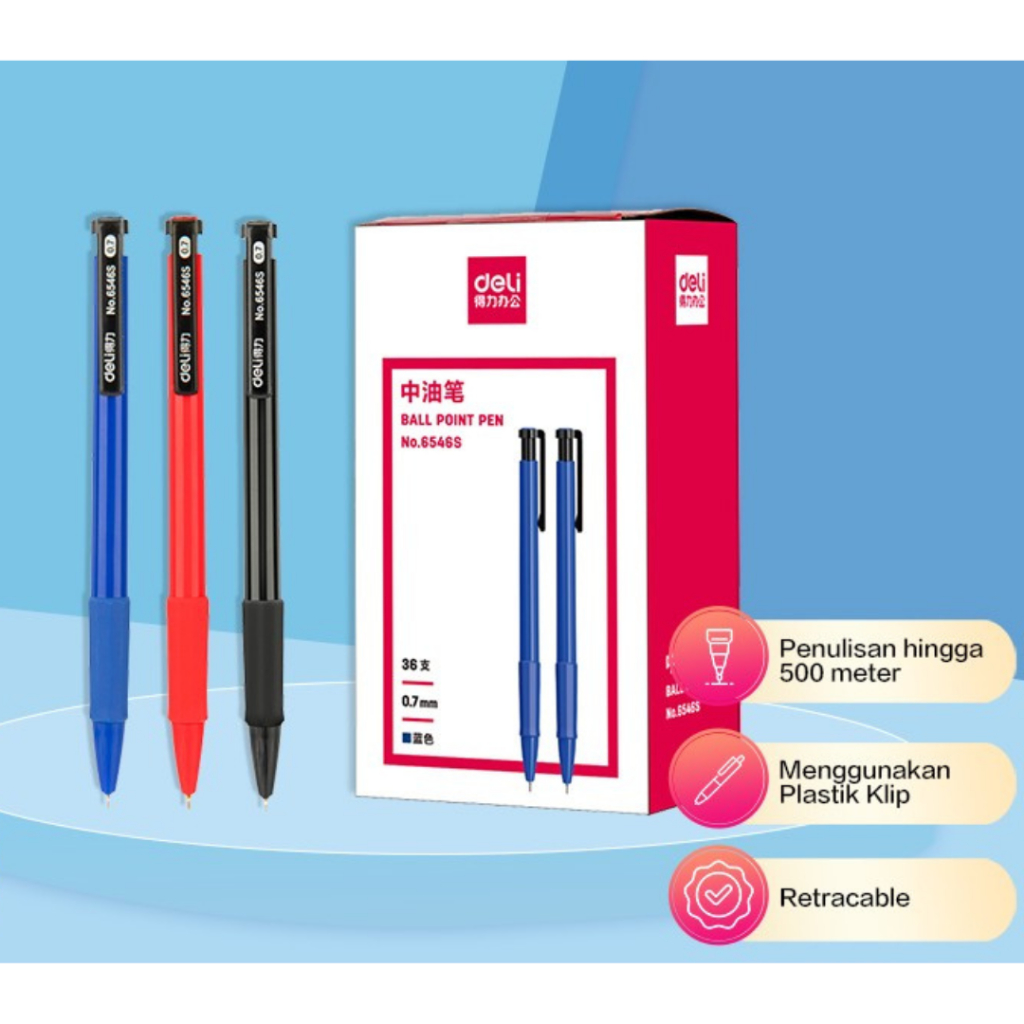 

Pulpen DELI 6546 Retractable 0.7 mm Isi 36 pcs Hitam / Biru / Merah