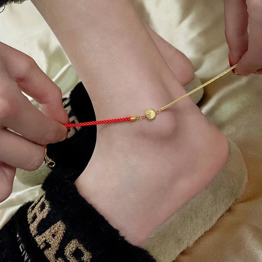 Gelang Kaki Titanium Tali Merah Korea Gold Premium Anti Karat Elegan Keberuntungan - Model Terbaru