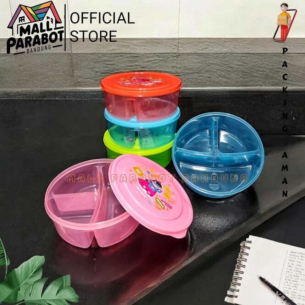 Lunch BoX Sekat 3 Bulat Plastik Tempat Bekal Lunch Box Serbaguna Misting Makanan Anak