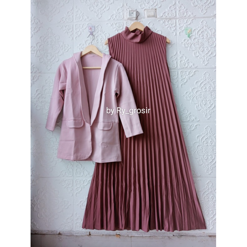 Setelan Wanita Blazer Tunik Scuba Iner Plisket Polos