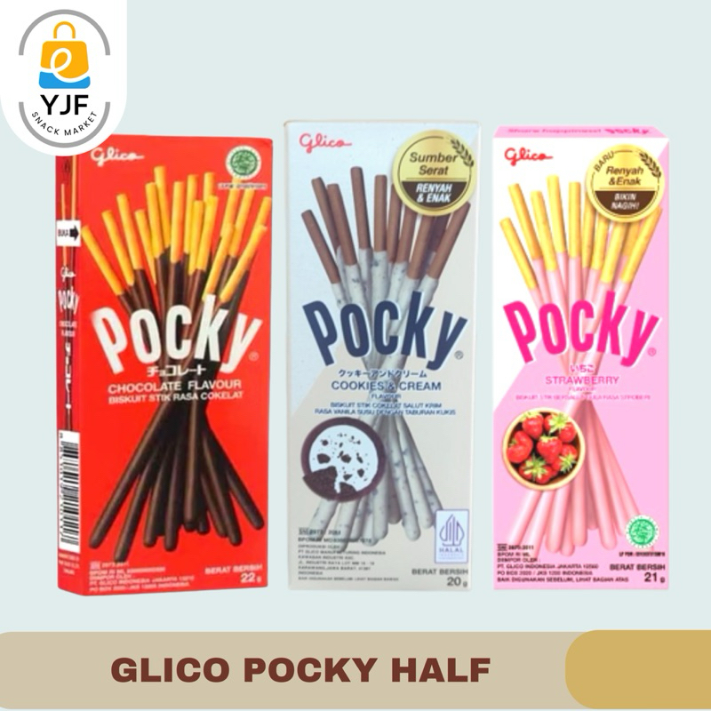 

Glico Pocky Half Biskuit Stick Rasa Coklat / Strawberry /Cookies & Cream / Pejoy Biskuit Stick