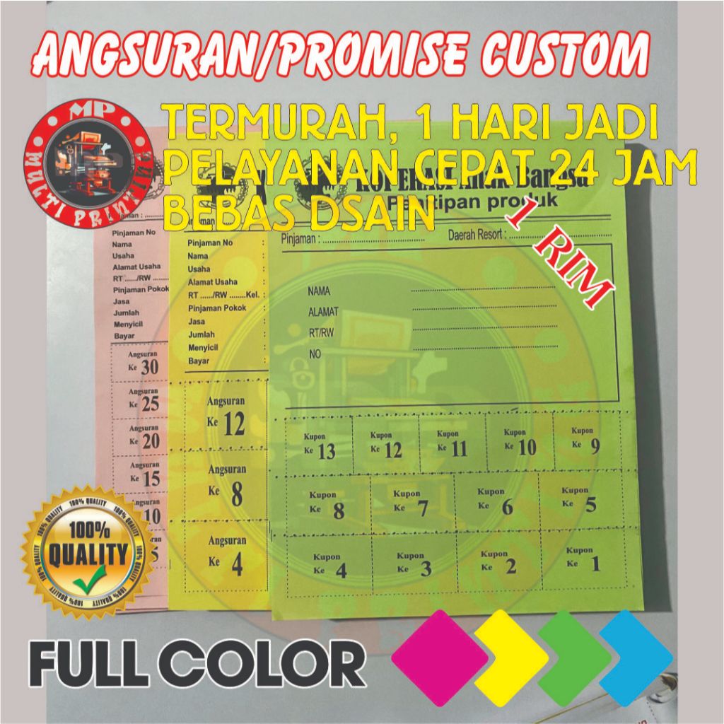 

angsuran/promise 1 rim isi 1000 lembar custom gratis dsain full color multi printing