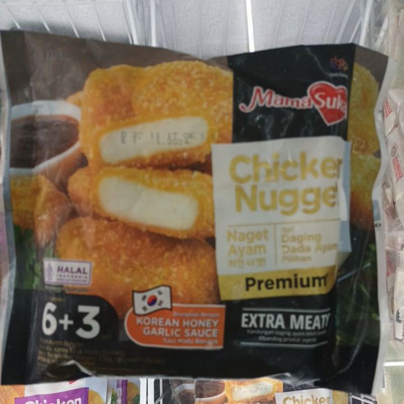 

MAMA SUKA CHICKEN NUGGET PREMIUM EXTRA MEATY KOREAN HONEY GARLIC SAUCE 170 GRAM ISI 9 PCS
