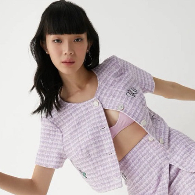 𝙉𝙀𝙒 Pomelo x Esther Bunny Sustainable Embroidered Tweed Top Blouse Wanita Branded Limited Edition Fa