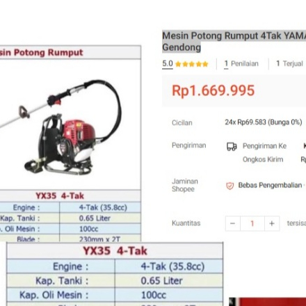 

Mesin Potong Rumput 4Tak YAMAMAX YX35 YX 35 4 Tak Brush Cutter Gendong