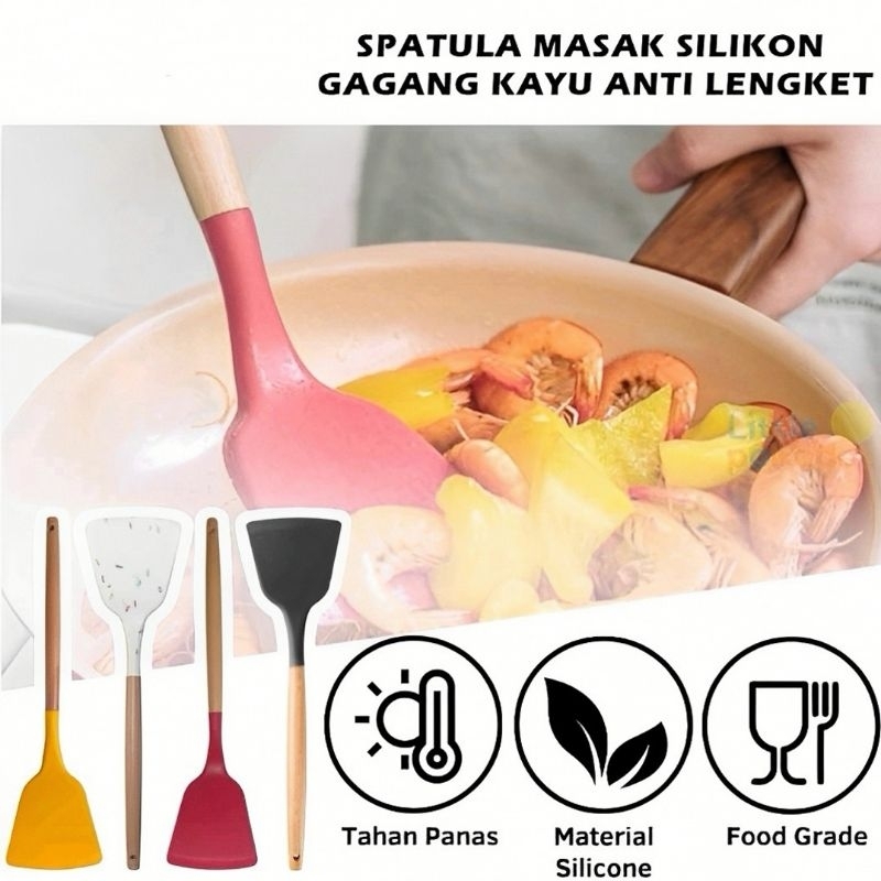 HOMEWARE Sodet Silikon Gagang Kayu / Sodet Silikon Tahan Panas / Spatula Silikon Tahan Panas / Sutil